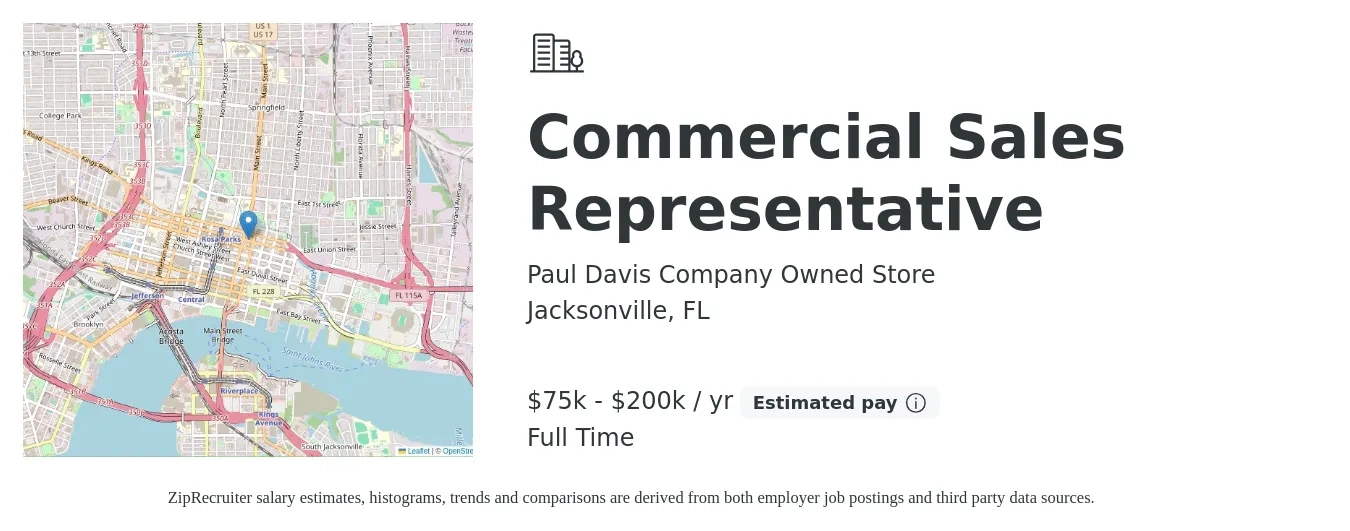 Paul Davis Company Owned Store job posting for a Commercial Sales Representative in Jacksonville, FL with a salary of $75,000 to $200,000 Yearly with a map of Jacksonville location.