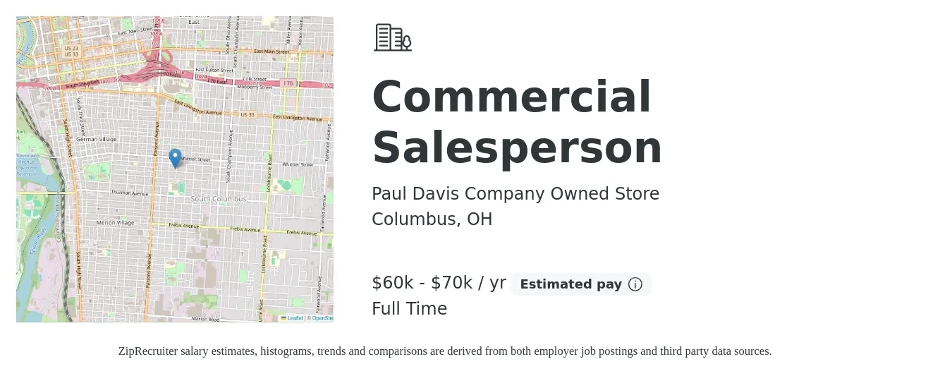 Paul Davis Company Owned Store job posting for a Commercial Salesperson in Columbus, OH with a salary of $60,000 to $70,000 Yearly with a map of Columbus location.