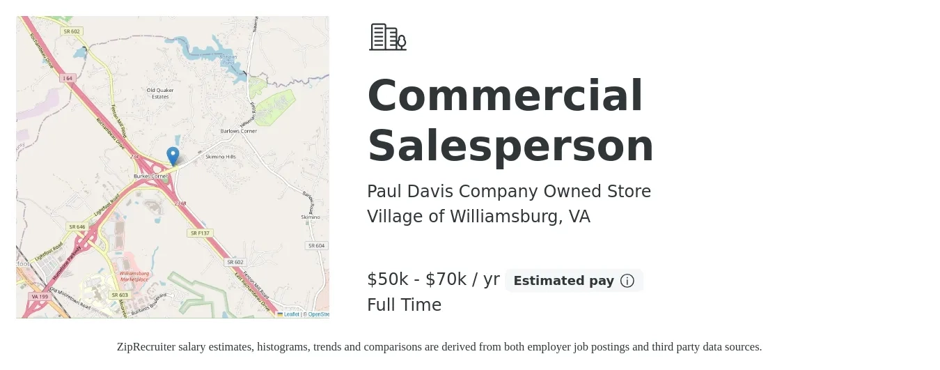 Paul Davis Company Owned Store job posting for a Commercial Salesperson in Village of Williamsburg, VA with a salary of $50,000 to $70,000 Yearly with a map of Village of Williamsburg location.