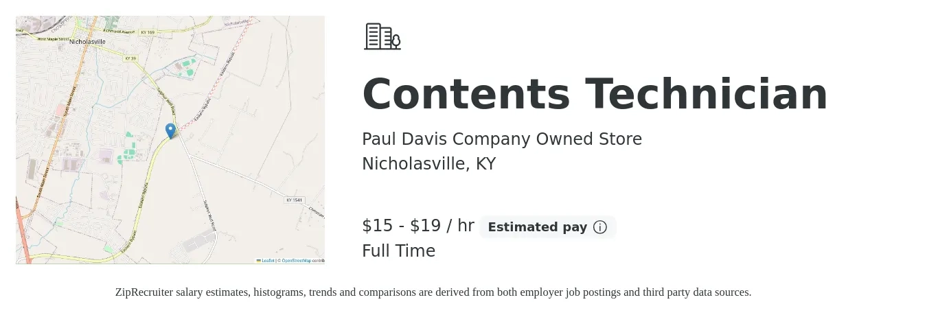 Paul Davis Company Owned Store job posting for a Contents Technician in Nicholasville, KY with a salary of $16 to $20 Hourly with a map of Nicholasville location.
