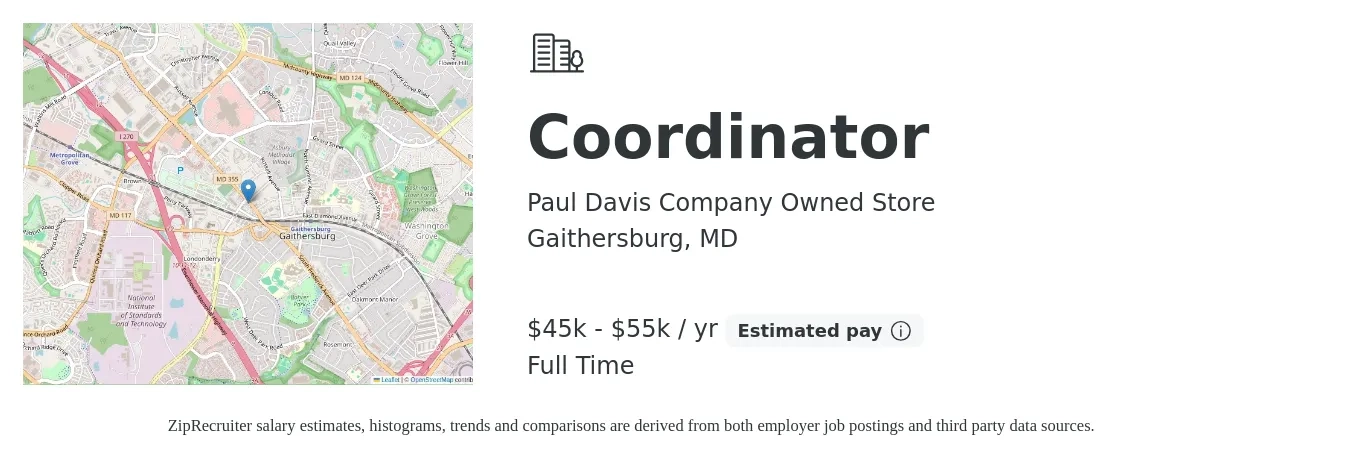 Paul Davis Company Owned Store job posting for a Coordinator in Gaithersburg, MD with a salary of $45,000 to $55,000 Yearly with a map of Gaithersburg location.