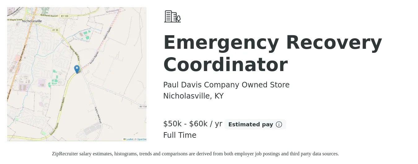 Paul Davis Company Owned Store job posting for a Emergency Recovery Coordinator in Nicholasville, KY with a salary of $50,000 to $60,000 Yearly with a map of Nicholasville location.
