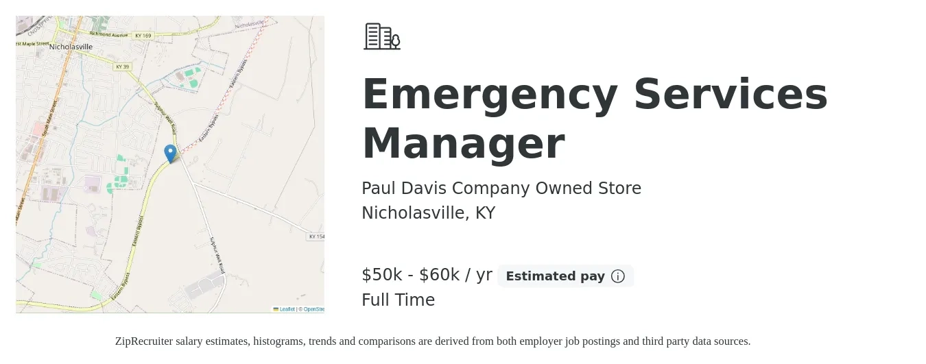 Paul Davis Company Owned Store job posting for a Emergency Services Manager in Nicholasville, KY with a salary of $50,000 to $60,000 Yearly with a map of Nicholasville location.