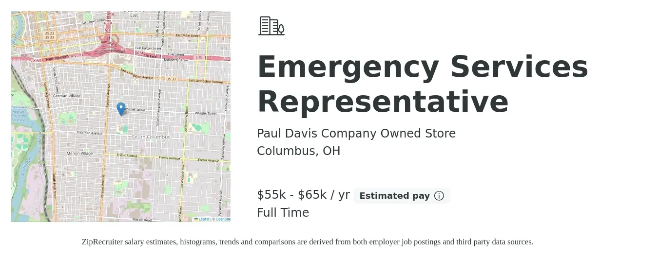 Paul Davis Company Owned Store job posting for a Emergency Services Representative in Columbus, OH with a salary of $55,000 to $65,000 Yearly with a map of Columbus location.