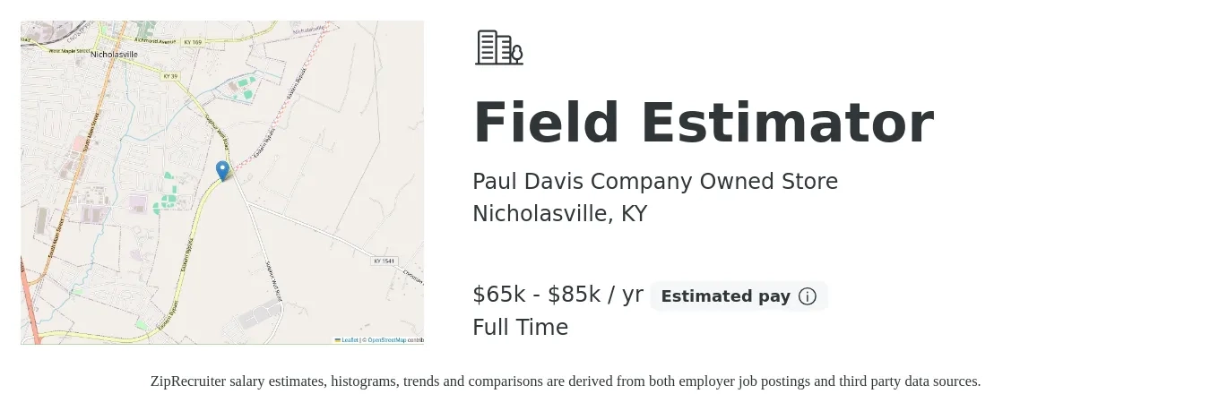 Paul Davis Company Owned Store job posting for a Field Estimator in Nicholasville, KY with a salary of $40,000 to $50,000 Yearly with a map of Nicholasville location.