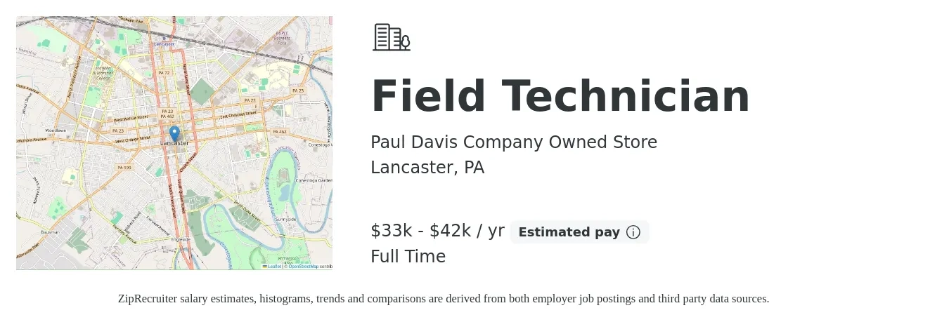Paul Davis Company Owned Store job posting for a Field Technician in Lancaster, PA with a salary of $33,000 to $42,000 Yearly with a map of Lancaster location.