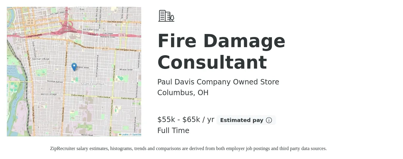Paul Davis Company Owned Store job posting for a Fire Damage Consultant in Columbus, OH with a salary of $55,000 to $65,000 Yearly with a map of Columbus location.