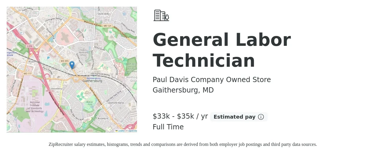 Paul Davis Company Owned Store job posting for a General Labor Technician in Gaithersburg, MD with a salary of $33,000 to $35,000 Yearly with a map of Gaithersburg location.