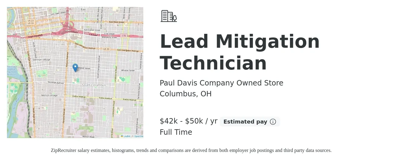 Paul Davis Company Owned Store job posting for a Lead Mitigation Technician in Columbus, OH with a salary of $42,000 to $50,000 Yearly with a map of Columbus location.