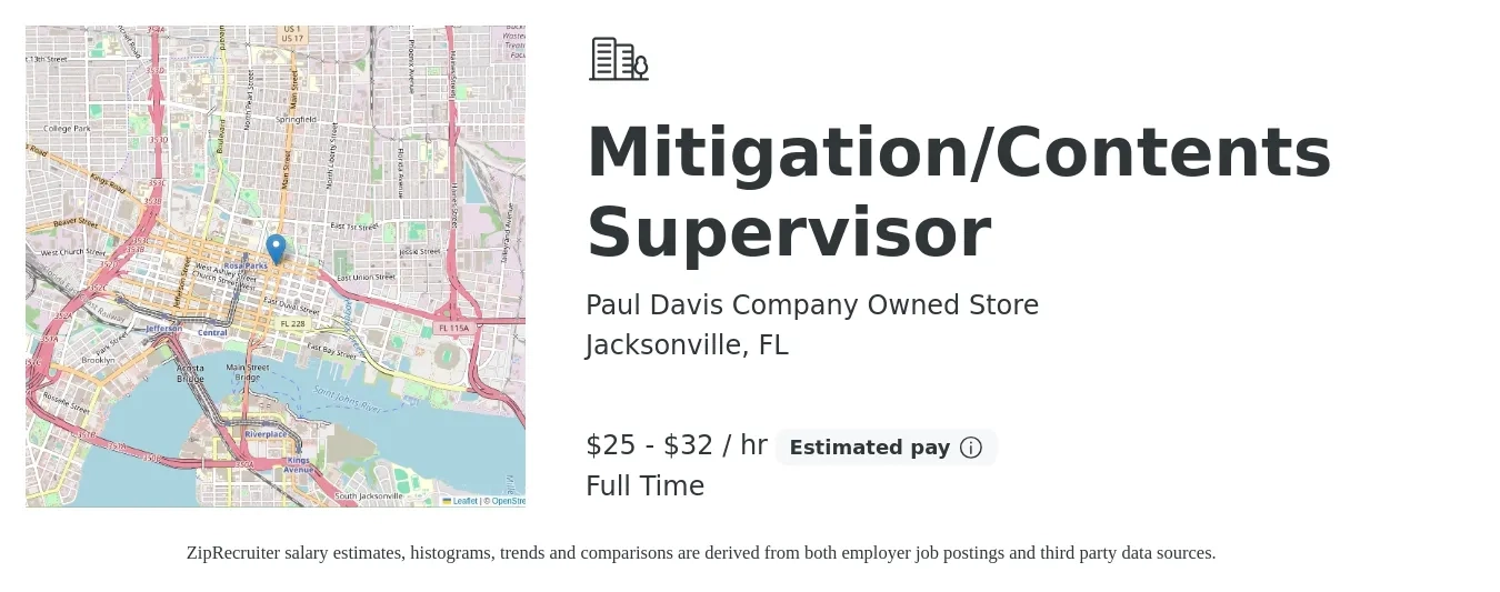 Paul Davis Company Owned Store job posting for a Mitigation/Contents Supervisor in Jacksonville, FL with a salary of $27 to $34 Hourly with a map of Jacksonville location.