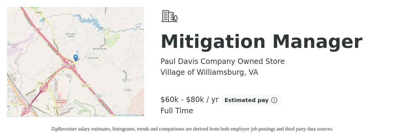 Paul Davis Company Owned Store job posting for a Mitigation Manager in Village of Williamsburg, VA with a salary of $60,000 to $80,000 Yearly with a map of Village of Williamsburg location.