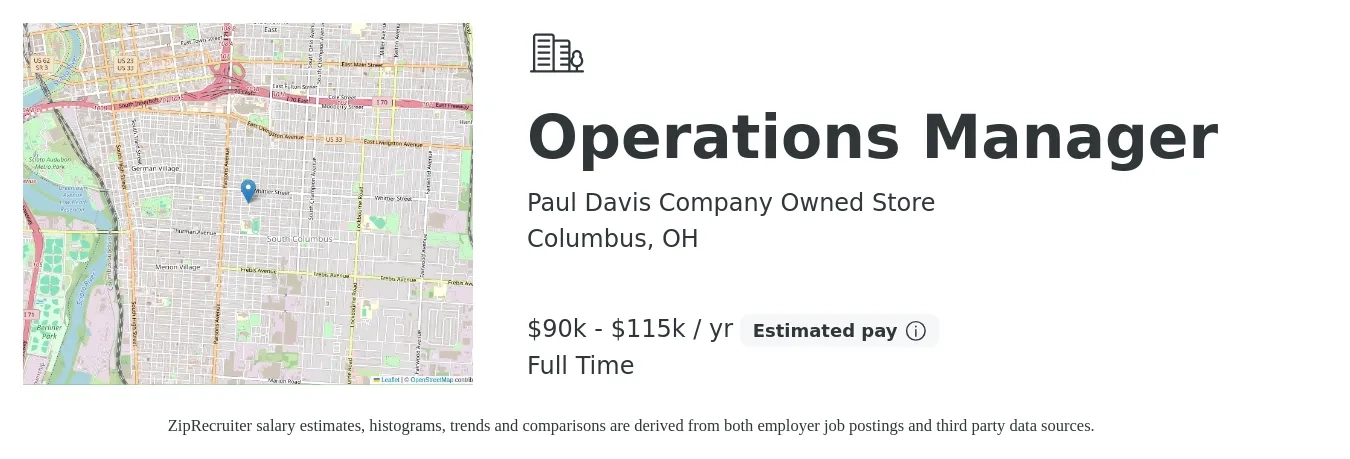 Paul Davis Company Owned Store job posting for a Operations Manager in Columbus, OH with a salary of $90,000 to $115,000 Yearly with a map of Columbus location.