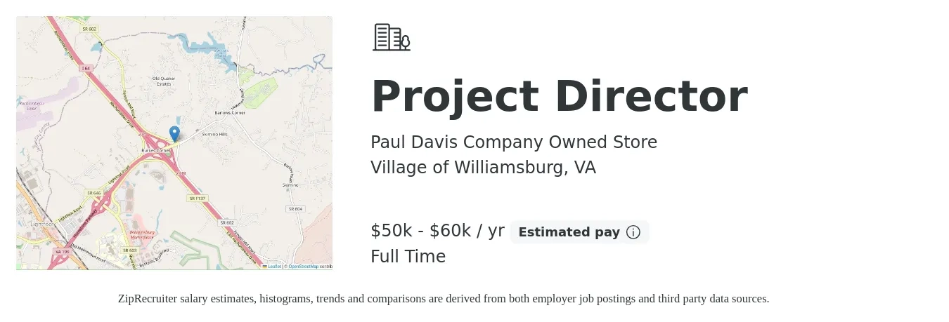 Paul Davis Company Owned Store job posting for a Project Director in Village of Williamsburg, VA with a salary of $50,000 to $60,000 Yearly with a map of Village of Williamsburg location.