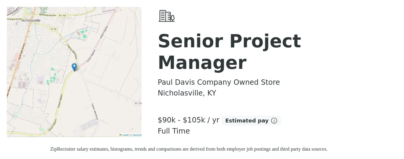 Paul Davis Company Owned Store job posting for a Senior Project Manager in Nicholasville, KY with a salary of $90,000 to $105,000 Yearly with a map of Nicholasville location.