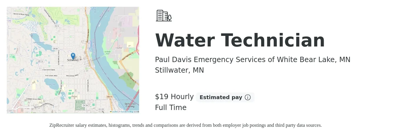 Paul Davis Emergency Services of White Bear Lake, MN job posting for a Water Technician in Stillwater, MN with a salary of $20 Hourly with a map of Stillwater location.