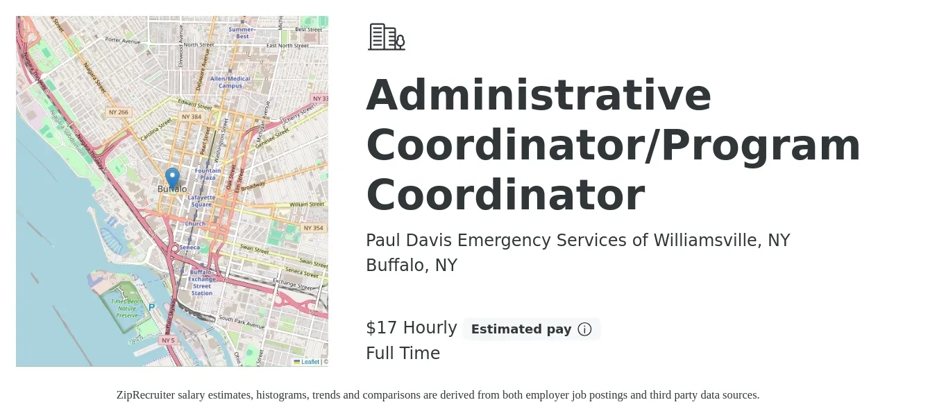 Paul Davis Emergency Services of Williamsville, NY job posting for a Administrative Coordinator/Program Coordinator in Buffalo, NY with a salary of $18 Hourly with a map of Buffalo location.