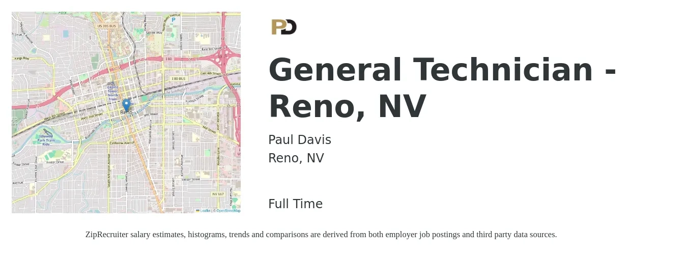 Paul Davis job posting for a General Technician - Reno, NV in Reno, NV with a salary of $18 to $23 Hourly with a map of Reno location.