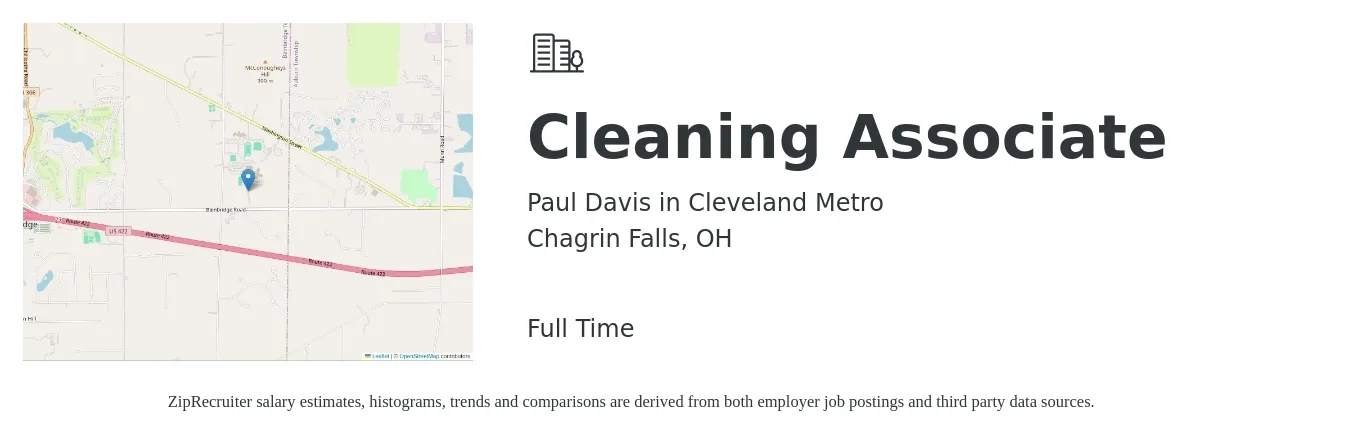 Paul Davis in Cleveland Metro job posting for a Cleaning Associate in Chagrin Falls, OH with a salary of $12 to $16 Hourly with a map of Chagrin Falls location.