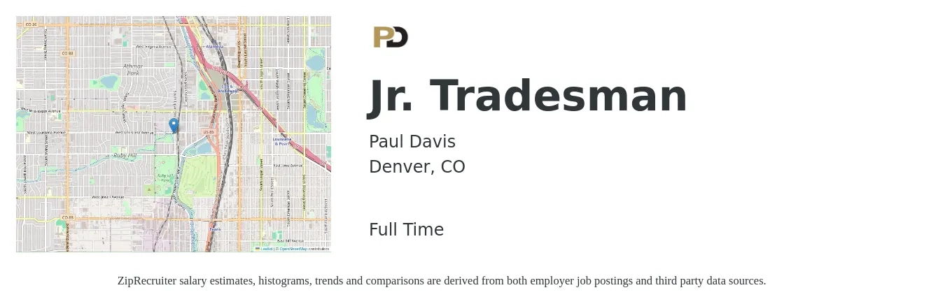 Paul Davis job posting for a Jr. Tradesman in Denver, CO with a salary of $22 to $26 Hourly with a map of Denver location.