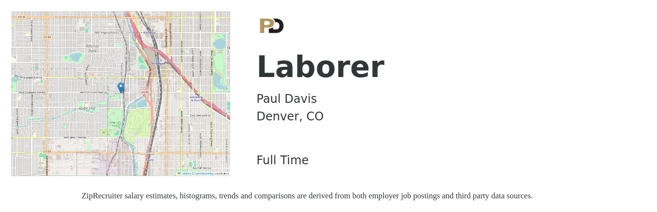 Paul Davis job posting for a Laborer in Denver, CO with a salary of $20 to $22 Hourly with a map of Denver location.