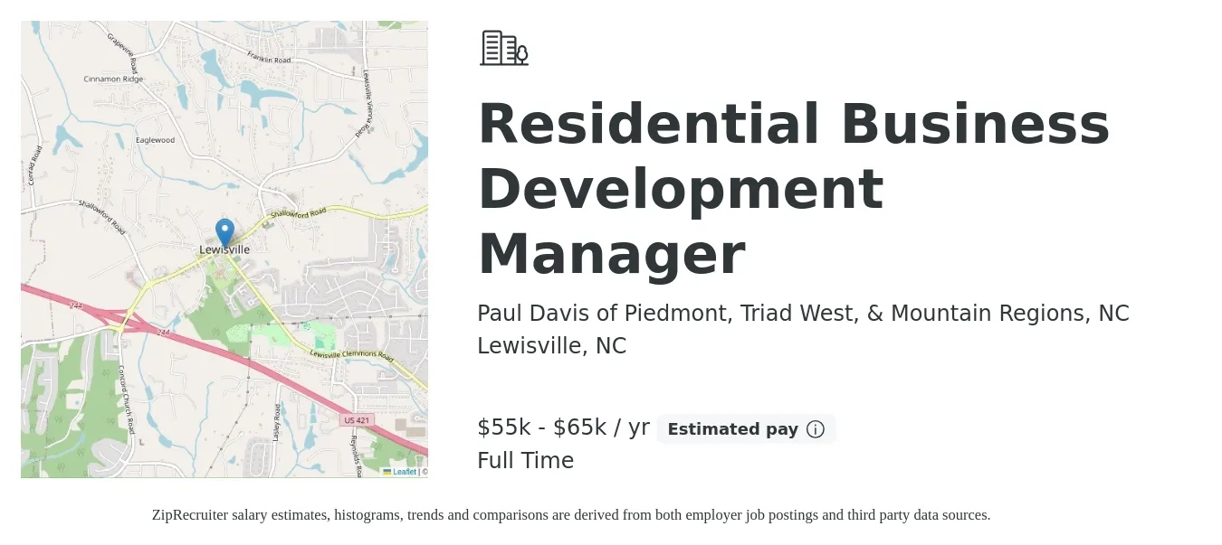 Paul Davis of Piedmont, Triad West, & Mountain Regions, NC job posting for a Residential Business Development Manager in Lewisville, NC with a salary of $50,000 to $70,000 Yearly with a map of Lewisville location.