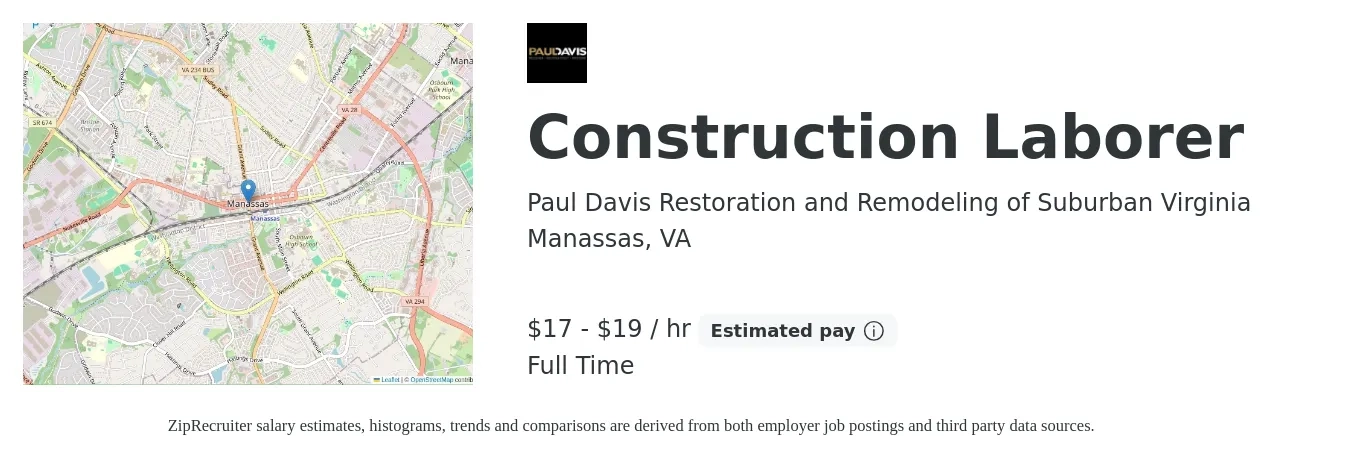 Paul Davis Restoration and Remodeling of Suburban Virginia job posting for a Construction Laborer in Manassas, VA with a salary of $18 to $20 Hourly with a map of Manassas location.