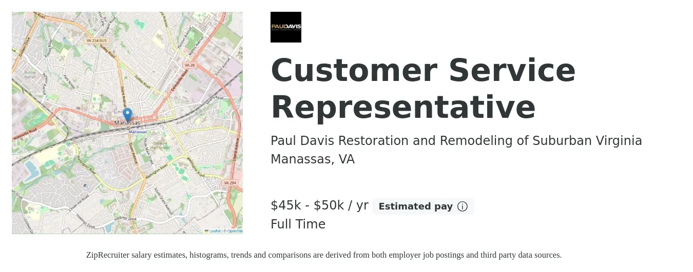 Paul Davis Restoration and Remodeling of Suburban Virginia job posting for a Customer Service Representative in Manassas, VA with a salary of $45,000 to $50,000 Yearly with a map of Manassas location.