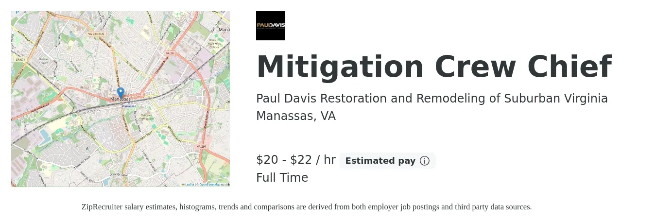 Paul Davis Restoration and Remodeling of Suburban Virginia job posting for a Mitigation Crew Chief in Manassas, VA with a salary of $21 to $23 Hourly with a map of Manassas location.