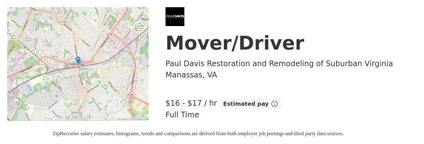 Paul Davis Restoration and Remodeling of Suburban Virginia job posting for a Mover/Driver in Manassas, VA with a salary of $17 to $18 Hourly with a map of Manassas location.