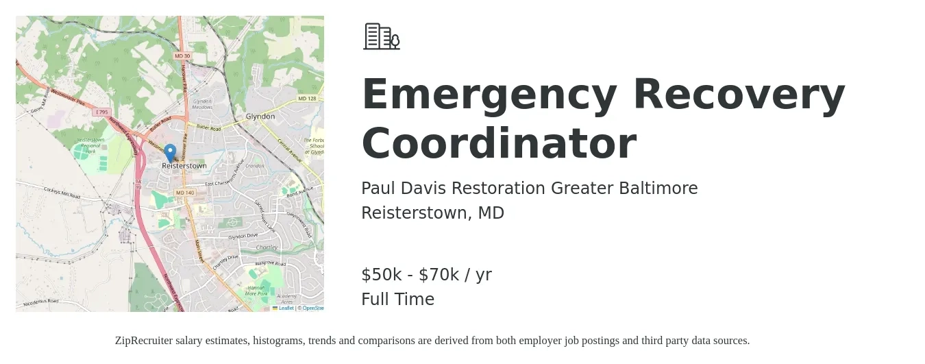 Paul Davis Restoration Greater Baltimore job posting for a Emergency Recovery Coordinator in Reisterstown, MD with a salary of $50,000 to $70,000 Yearly with a map of Reisterstown location.