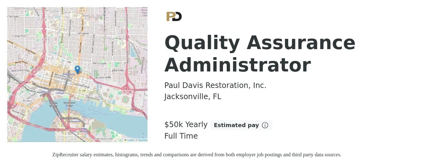 Paul Davis Restoration, Inc. job posting for a Quality Assurance Administrator in Jacksonville, FL with a salary of $50,000 Yearly with a map of Jacksonville location.