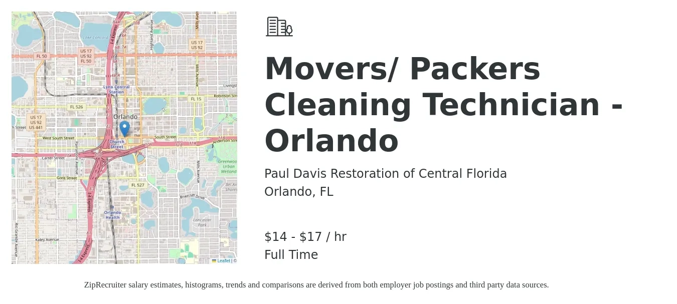 Paul Davis Restoration of Central Florida job posting for a Movers/ Packers Cleaning Technician - Orlando in Orlando, FL with a salary of $15 to $18 Hourly with a map of Orlando location.