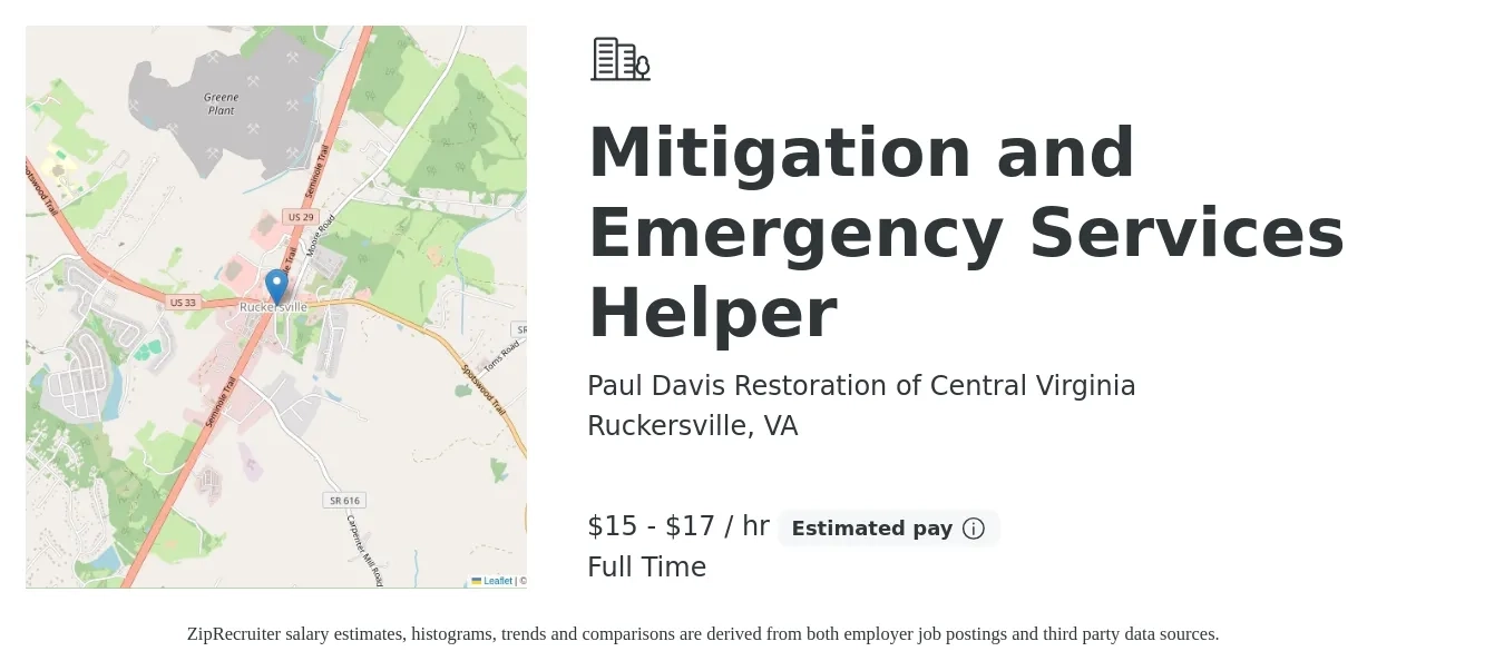 Paul Davis Restoration of Central Virginia job posting for a Mitigation and Emergency Services Helper in Ruckersville, VA with a salary of $16 to $18 Hourly with a map of Ruckersville location.