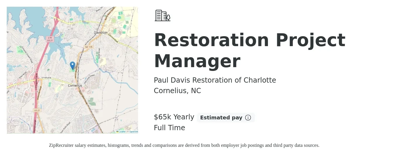 Paul Davis Restoration of Charlotte job posting for a Restoration Project Manager in Cornelius, NC with a salary of $65,000 Yearly with a map of Cornelius location.