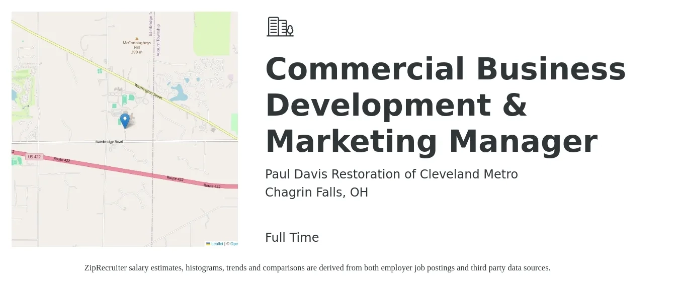 Paul Davis Restoration of Cleveland Metro job posting for a Commercial Business Development & Marketing Manager in Chagrin Falls, OH with a salary of $53,800 to $98,300 Yearly with a map of Chagrin Falls location.