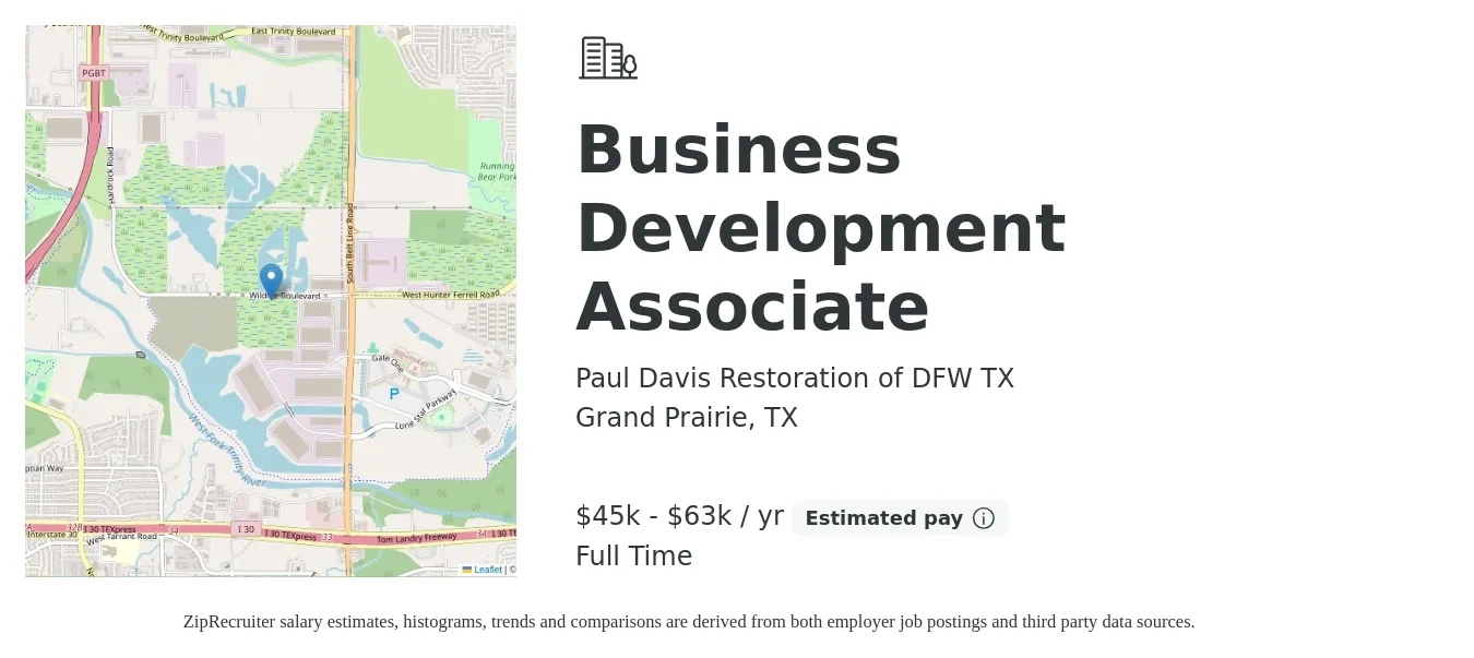 Paul Davis Restoration of DFW TX job posting for a Business Development Associate in Grand Prairie, TX with a salary of $45,000 to $63,000 Yearly with a map of Grand Prairie location.