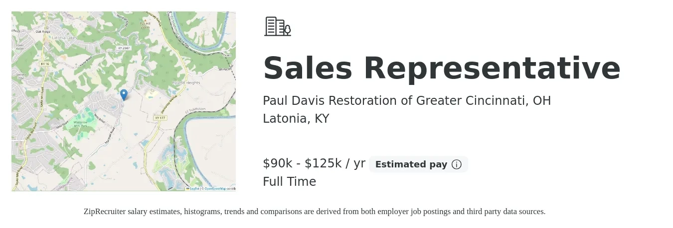 Paul Davis Restoration of Greater Cincinnati, OH job posting for a Sales Representative in Latonia, KY with a salary of $90,000 to $125,000 Yearly with a map of Latonia location.