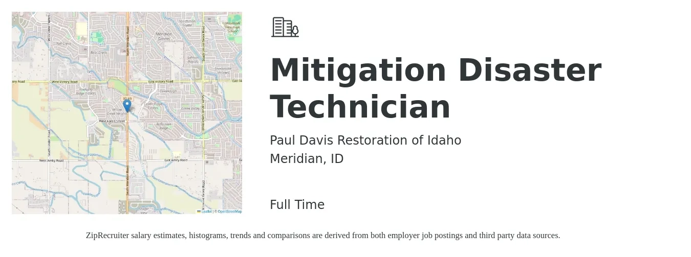 Paul Davis Restoration of Idaho job posting for a Mitigation Disaster Technician in Meridian, ID with a salary of $16 to $24 Hourly with a map of Meridian location.