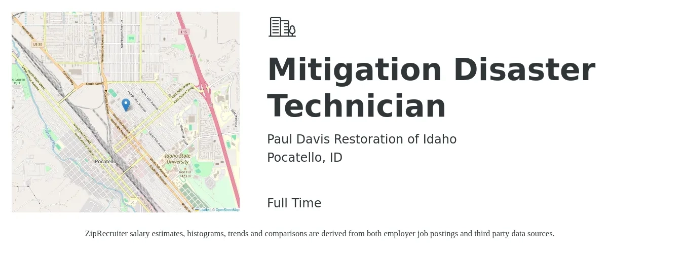 Paul Davis Restoration of Idaho job posting for a Mitigation Disaster Technician in Pocatello, ID with a salary of $16 to $20 Hourly with a map of Pocatello location.