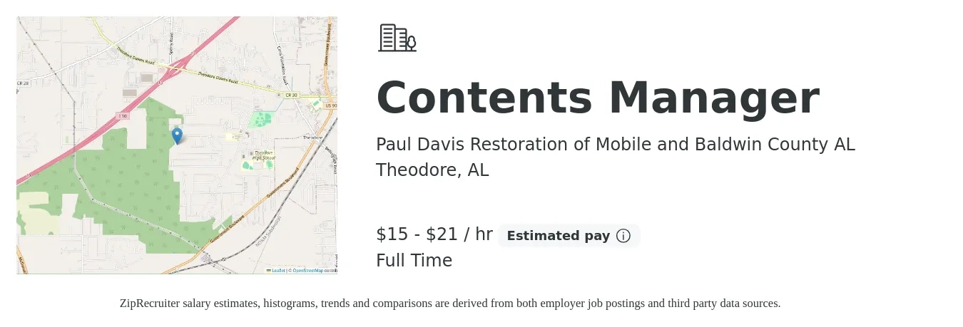 Paul Davis Restoration of Mobile and Baldwin County AL job posting for a Contents Manager in Theodore, AL with a salary of $16 to $22 Hourly with a map of Theodore location.