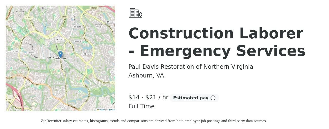 Paul Davis Restoration of Northern Virginia job posting for a Construction Laborer - Emergency Services in Ashburn, VA with a salary of $15 to $22 Hourly with a map of Ashburn location.