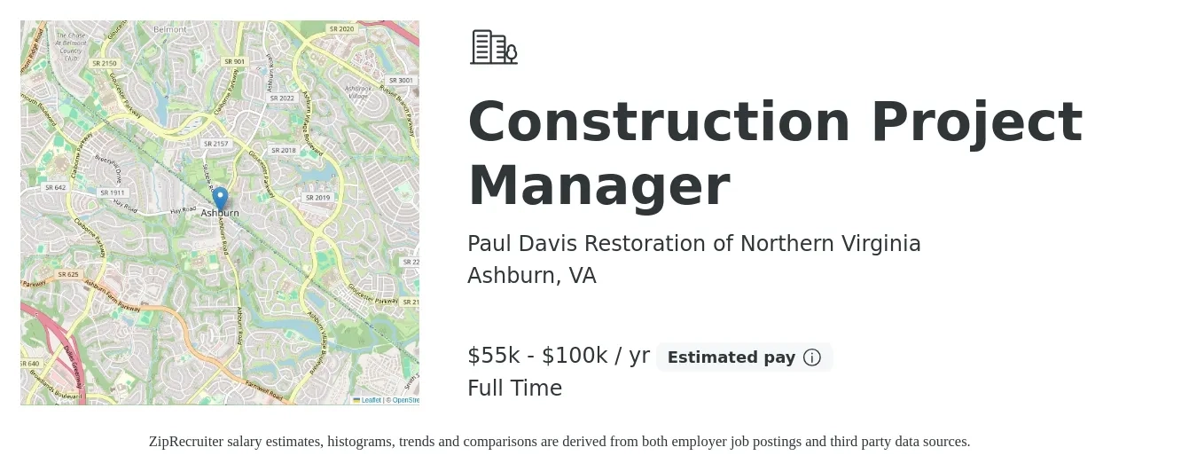 Paul Davis Restoration of Northern Virginia job posting for a Construction Project Manager in Ashburn, VA with a salary of $55,000 to $100,000 Yearly with a map of Ashburn location.