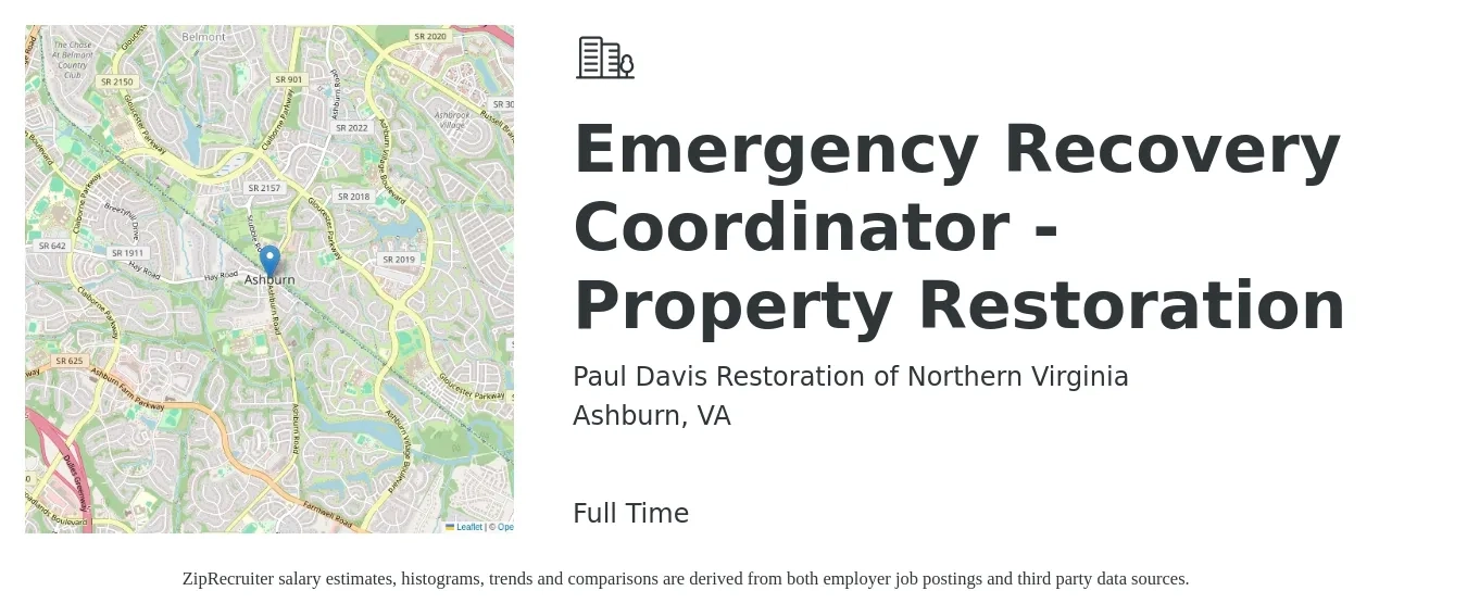 Paul Davis Restoration of Northern Virginia job posting for a Emergency Recovery Coordinator - Property Restoration in Ashburn, VA with a salary of $57,300 to $87,900 Yearly with a map of Ashburn location.