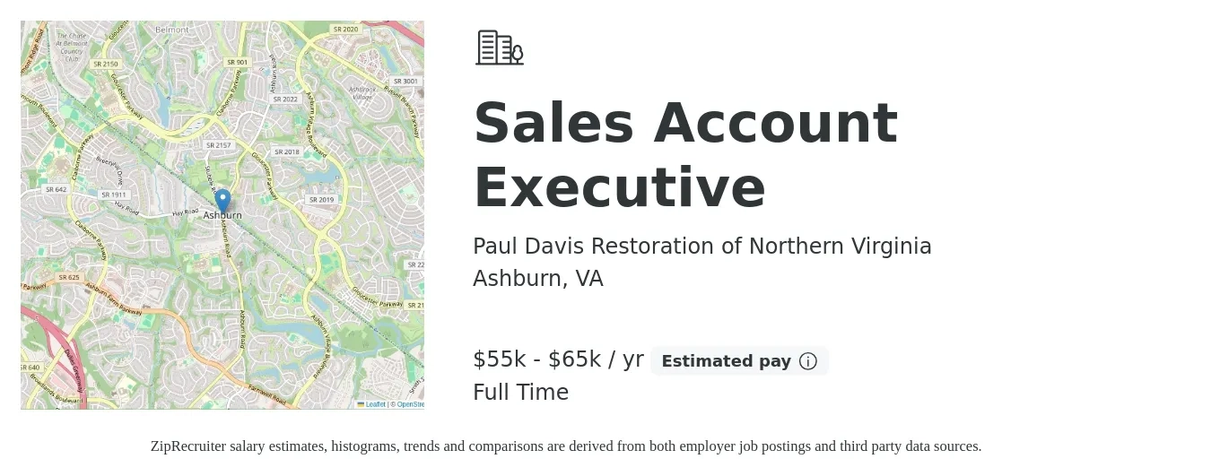 Paul Davis Restoration of Northern Virginia job posting for a Sales Account Executive in Ashburn, VA with a salary of $55,000 to $65,000 Yearly with a map of Ashburn location.