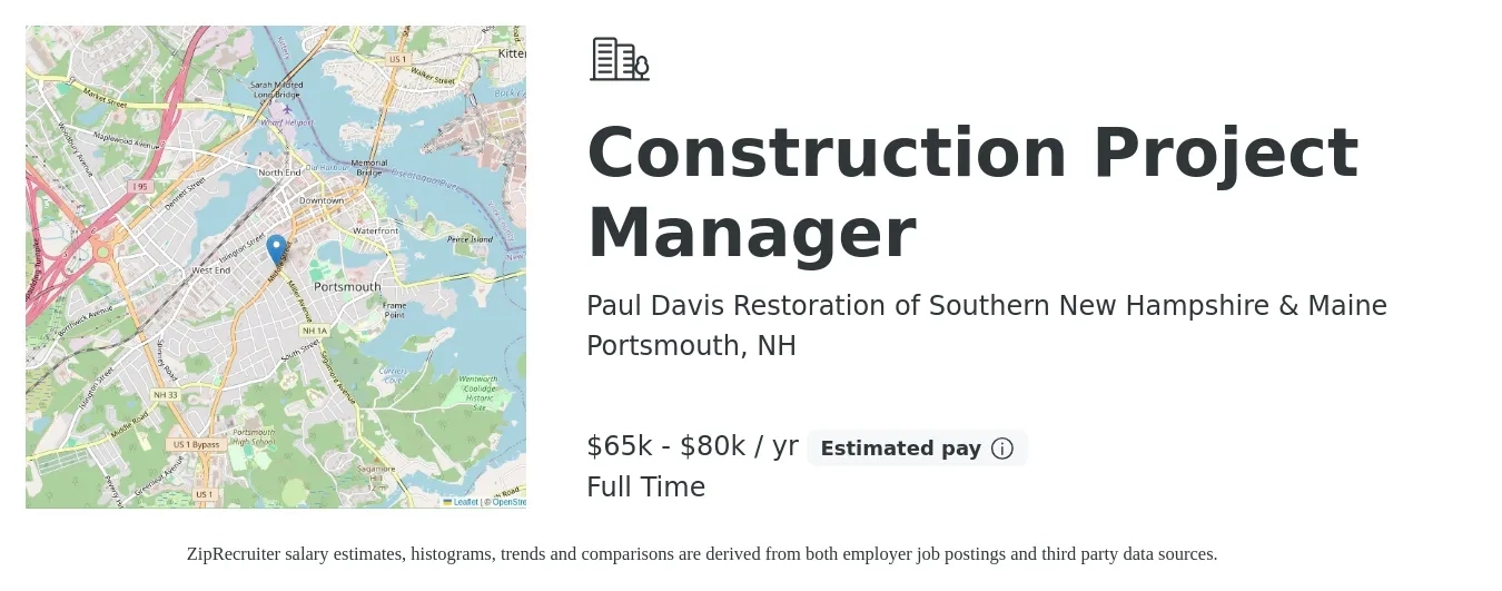 Paul Davis Restoration of Southern New Hampshire & Maine job posting for a Construction Project Manager in Portsmouth, NH with a salary of $65,000 to $80,000 Yearly with a map of Portsmouth location.