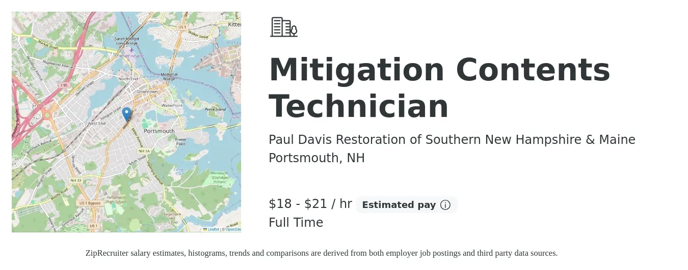 Paul Davis Restoration of Southern New Hampshire & Maine job posting for a Mitigation Contents Technician in Portsmouth, NH with a salary of $19 to $22 Hourly with a map of Portsmouth location.