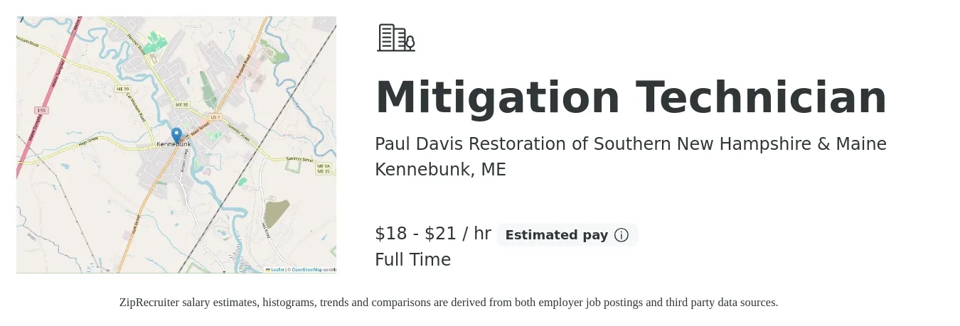 Paul Davis Restoration of Southern New Hampshire & Maine job posting for a Mitigation Technician in Kennebunk, ME with a salary of $19 to $22 Hourly with a map of Kennebunk location.