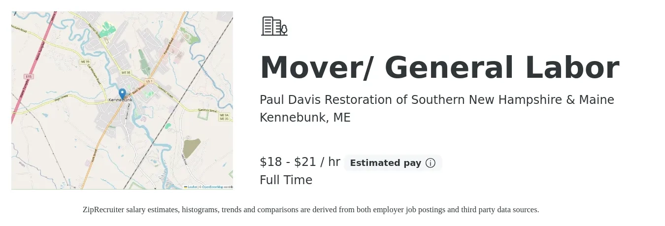 Paul Davis Restoration of Southern New Hampshire & Maine job posting for a Mover/ General Labor in Kennebunk, ME with a salary of $19 to $22 Hourly with a map of Kennebunk location.