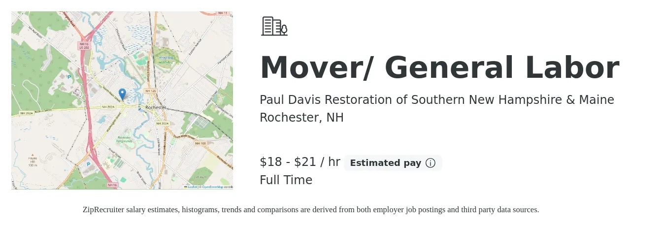 Paul Davis Restoration of Southern New Hampshire & Maine job posting for a Mover/ General Labor in Rochester, NH with a salary of $19 to $22 Hourly with a map of Rochester location.