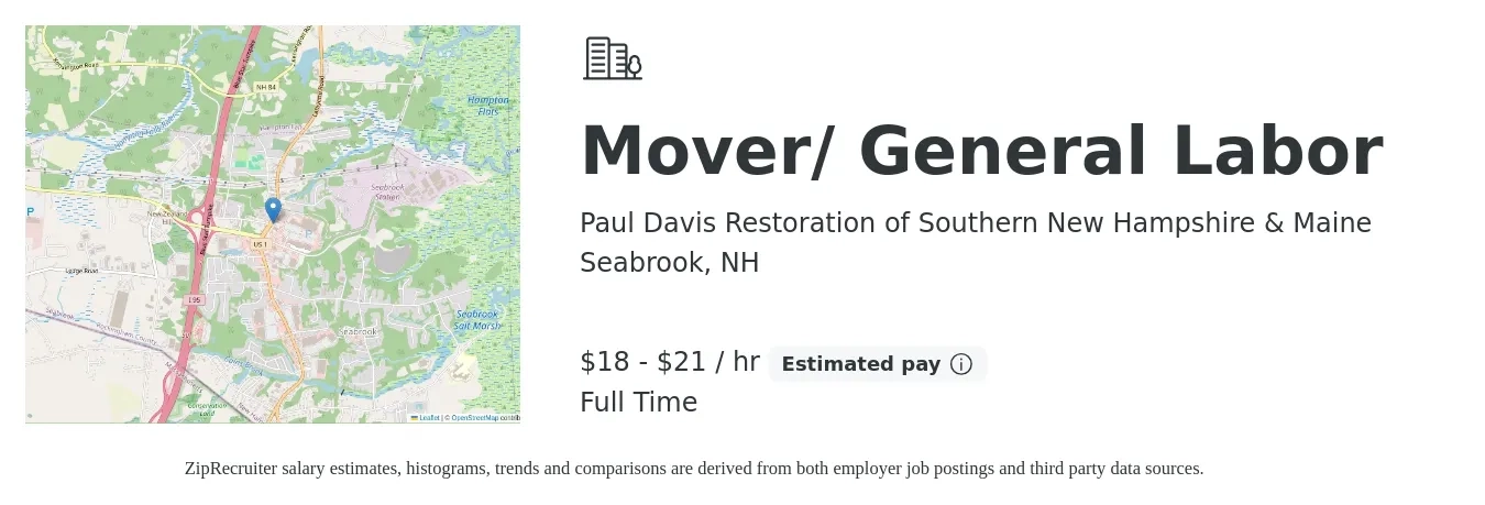 Paul Davis Restoration of Southern New Hampshire & Maine job posting for a Mover/ General Labor in Seabrook, NH with a salary of $19 to $22 Hourly with a map of Seabrook location.